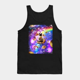 Space Siamese Cat Eating Pizza In Rainbow Galaxy Tank Top